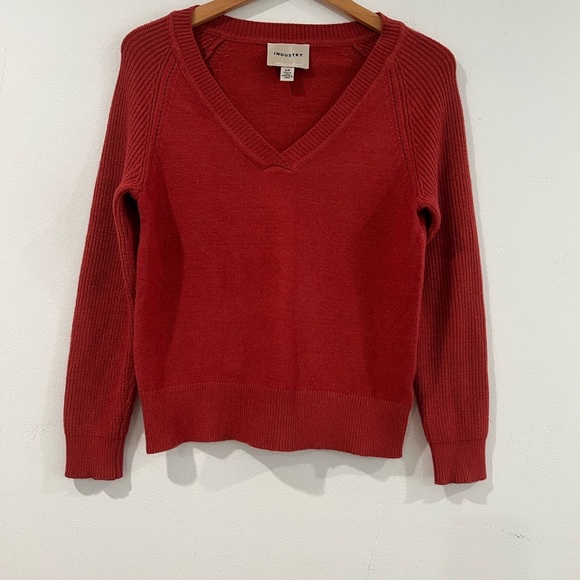 INDUSTRY orange viscose blend V-neck knit sweater size S - Picture 1 of 7